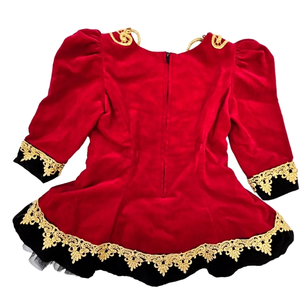 Hollywood Babe Toddler Girls Red Velvet/Gold  Embroidered Lace Longsleeve Dress